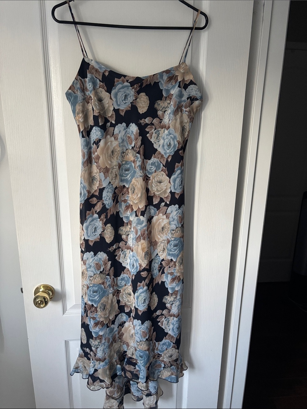 Jessica Blue & Cream Floral Slip Midi Dress with Ruffle Hem